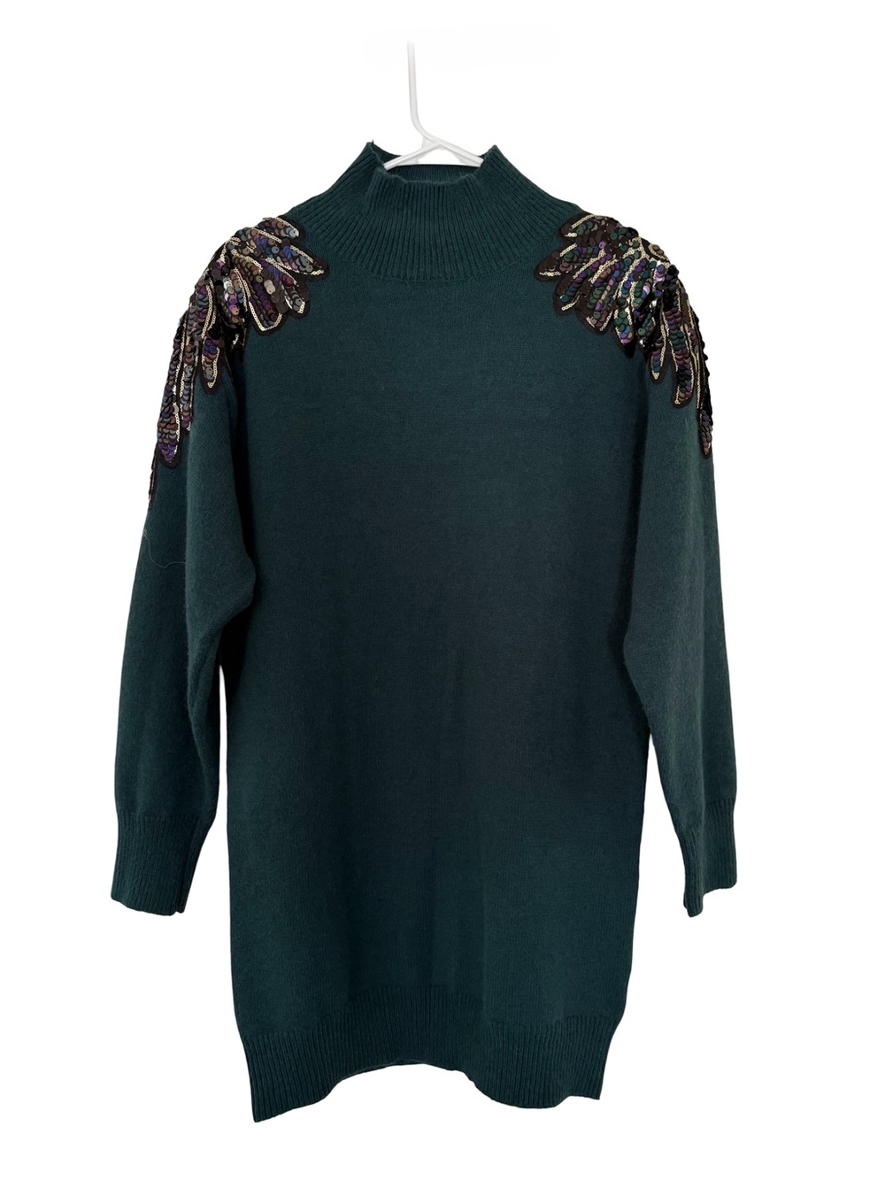 Dark Green Turtleneck Sweater with Sequin Shoulder Detail